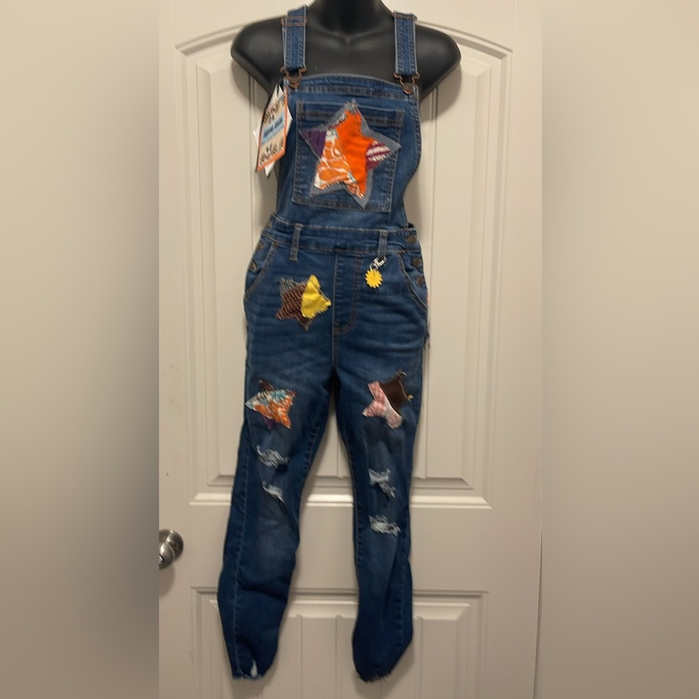 Playful Blue and Orange Denim Overalls with Distressed Details